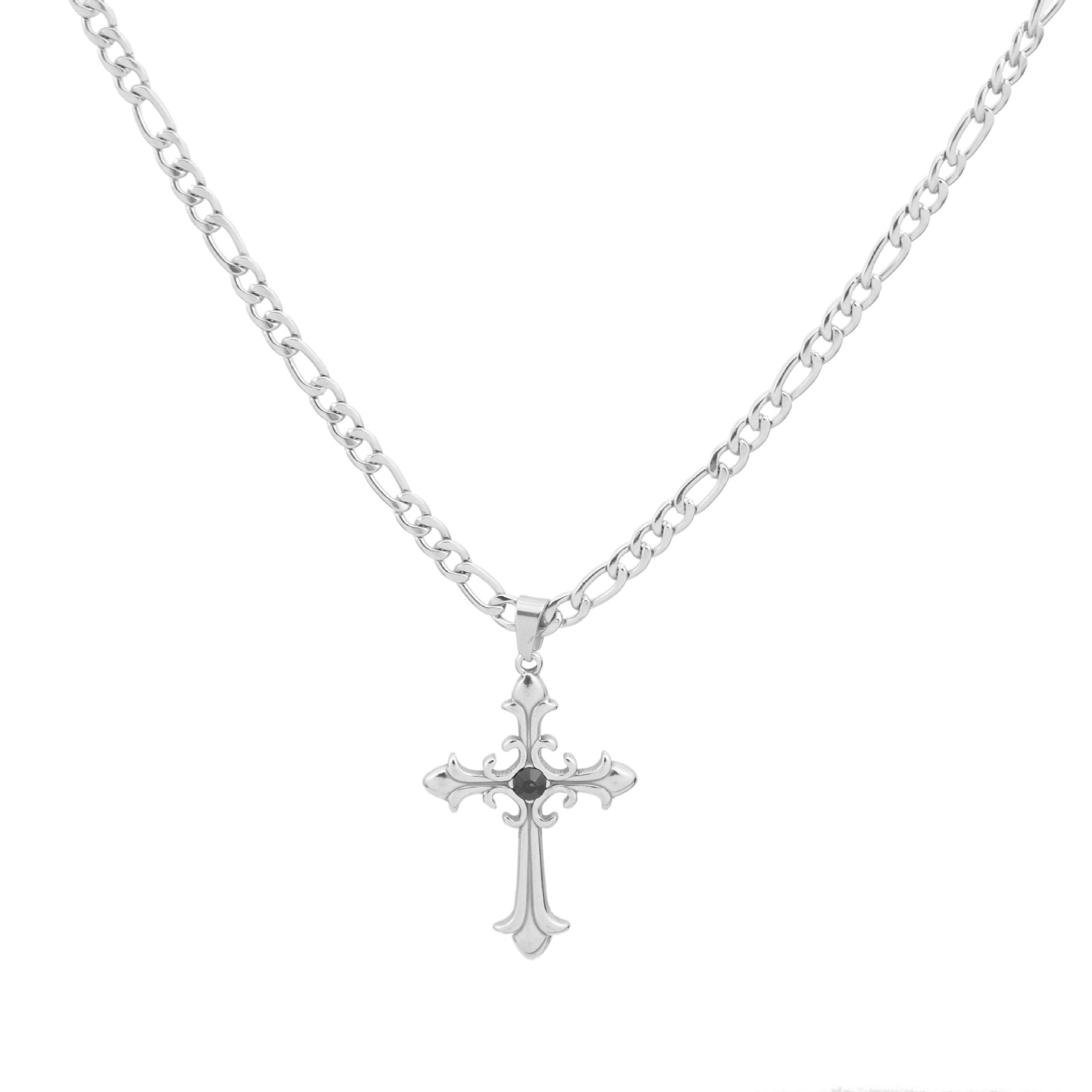 Men’s Figaro Chain Cross Necklace – 18K Gold Plated Titanium Steel Diamond-Cut Pendant, Hip-Hop Style Non-Tarnish Jewelry