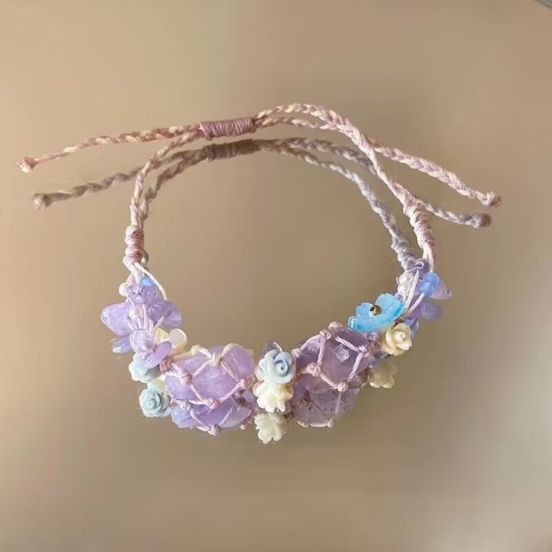 Iris Purple Butterfly String Bracelet – Hand-Woven Flower & Butterfly Charm, Sweet Niche Design High-Value Gift for Women