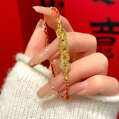 Red Rope "Five Emperors Money" Bracelet – 18K Gold Plated Lucky Amulet with "Broken Ice" Crystal, Light Luxury Niche Design for Women