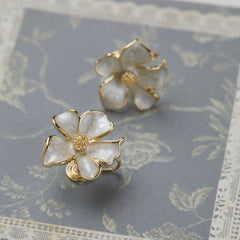 Jasmine Flower Clip-On Earrings - French Style White Enamel Floral Ear Clips for Non-Pierced Ears
