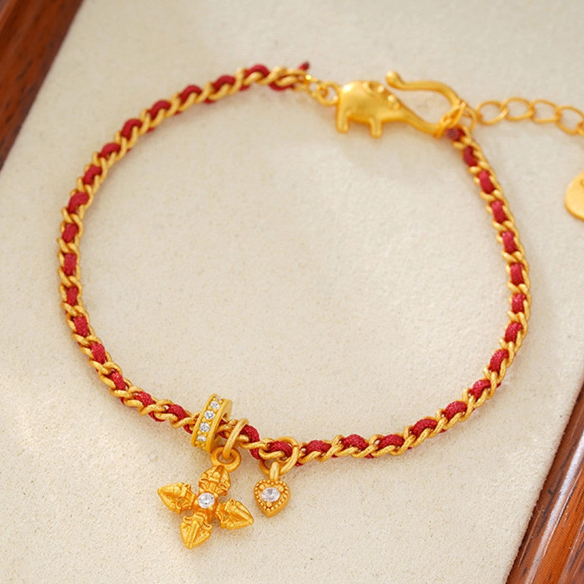 New Chinese Style Cross Vajra Love Bracelet – 18K Gold Plated Zircon Protection Charm, Red Braided Lucky Cord for Women