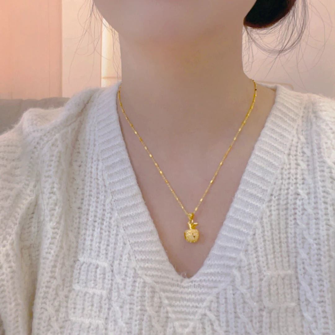 Lucky Apple Pendant Box Chain Necklace – 18K Gold Plated "Ping An" Square Link Clavicle Chain with M-Buckle Closure