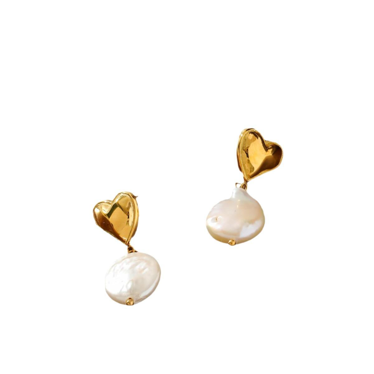 French Retro Bow Pearl Earrings - 18K Gold Plated Asymmetrical Heart & Ribbon Studs - Tarnish-Proof Titanium Steel Romantic Jewelry for Women