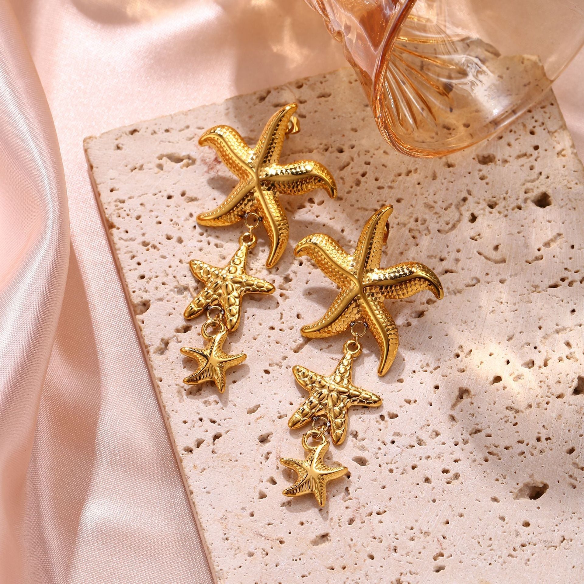 Starfish and Shell Ocean Necklace Set - Gold Plated Beach Vacation Clavicle Chain - European & American Style Summer Jewelry for Women