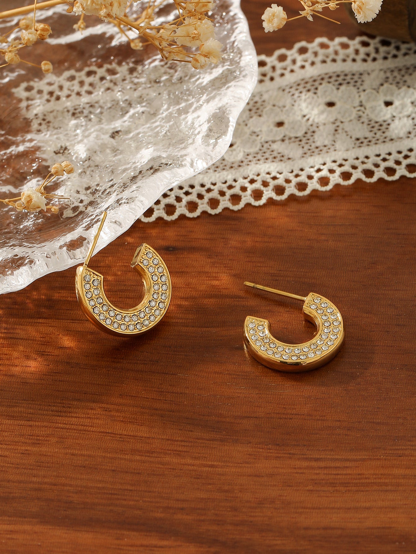 C-Shaped Pave Zircon Hoop Earrings – 18K Gold Plated Titanium Steel Multi-Color Sparkle Studs for Women