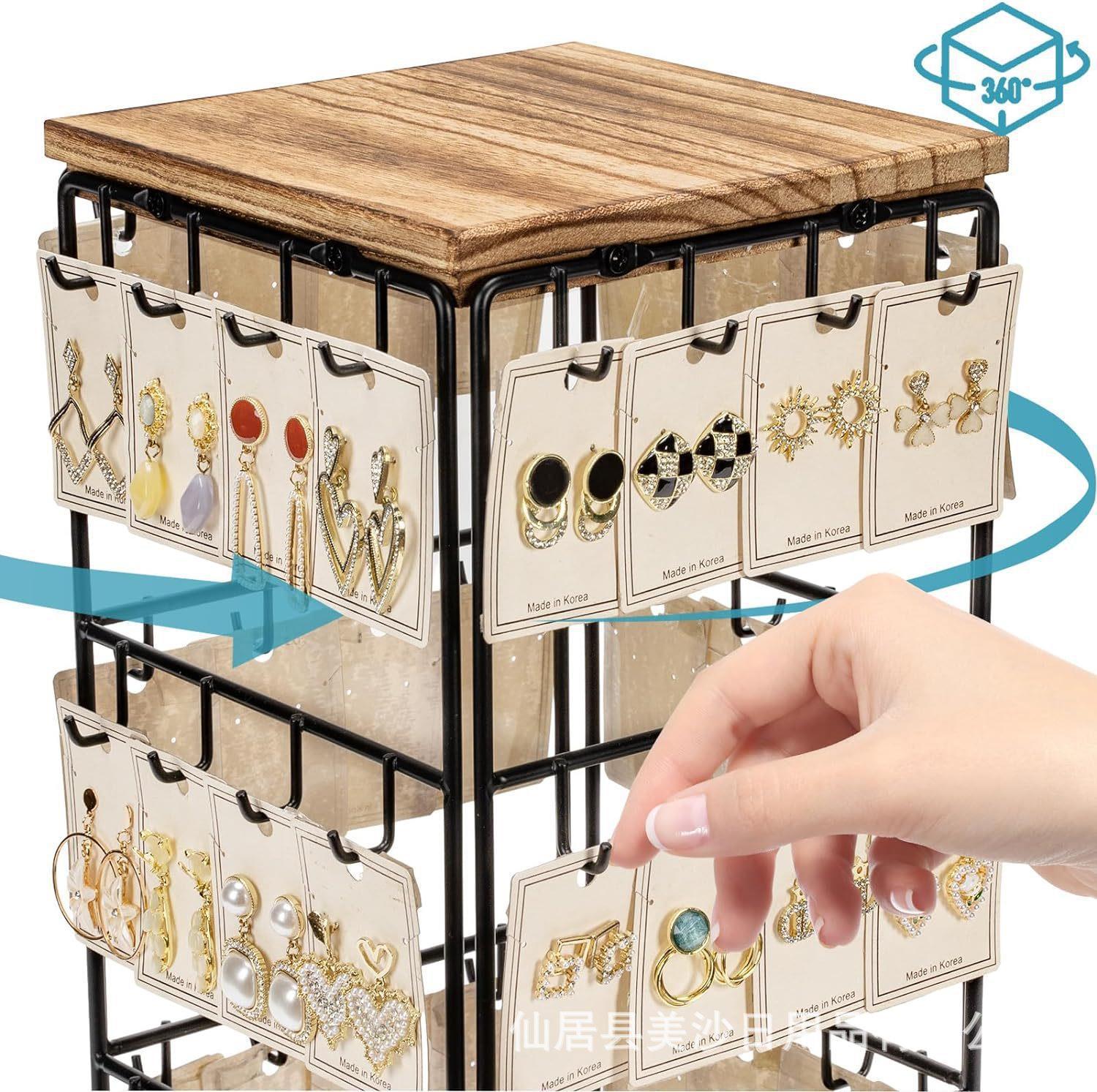 360° Rotating Walnut Jewelry Tower – Multi-Tier Wooden Earring & Ring Organizer with Hanging Hooks for Necklaces