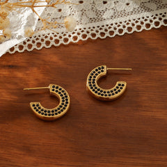 C-Shaped Pave Zircon Hoop Earrings – 18K Gold Plated Titanium Steel Multi-Color Sparkle Studs for Women