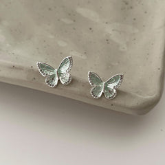 Mint Green Enamel Butterfly Stud Earrings - S925 Silver Needle Micro-Pave Zirconia Wings - Fresh Summer Aesthetic Jewelry for Women