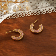 C-Shaped Pave Zircon Hoop Earrings – 18K Gold Plated Titanium Steel Multi-Color Sparkle Studs for Women