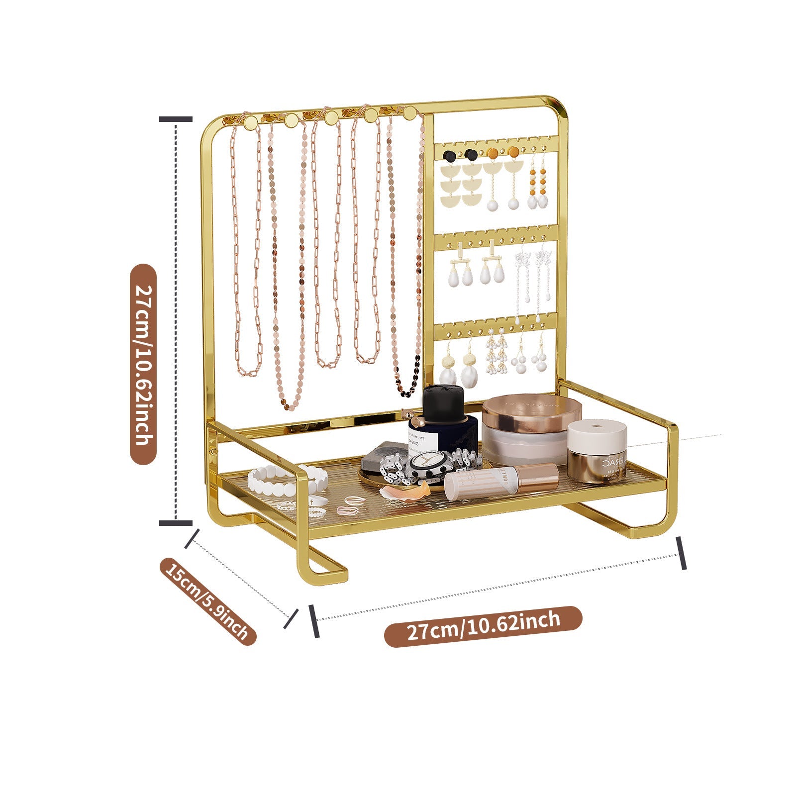 Multi-Tier Desktop Jewelry Organizer – 12.6-Inch T-Bar Necklace Stand & Bracelet Holder with Wooden Ring Tray