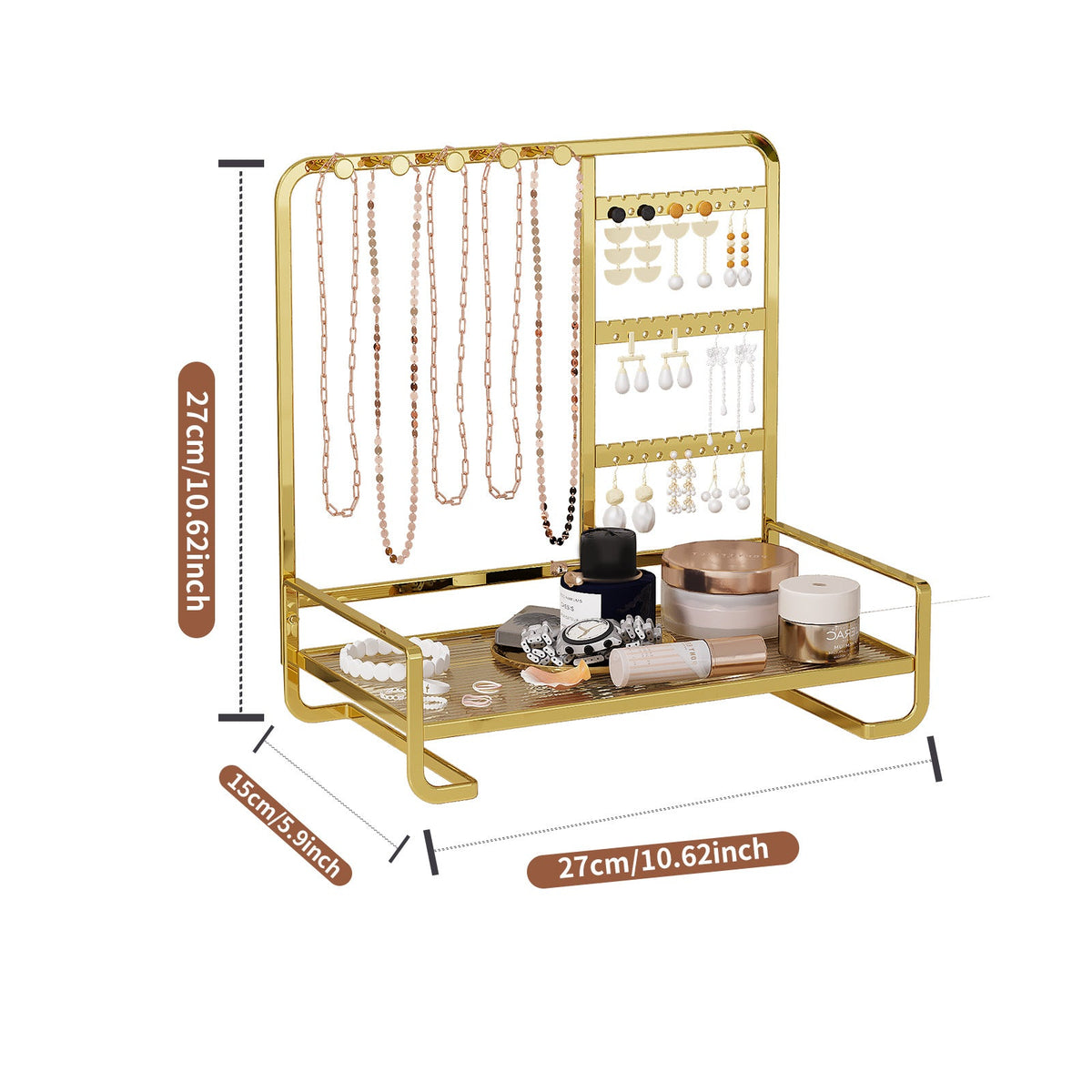 Multi-Tier Desktop Jewelry Organizer – 12.6-Inch T-Bar Necklace Stand & Bracelet Holder with Wooden Ring Tray