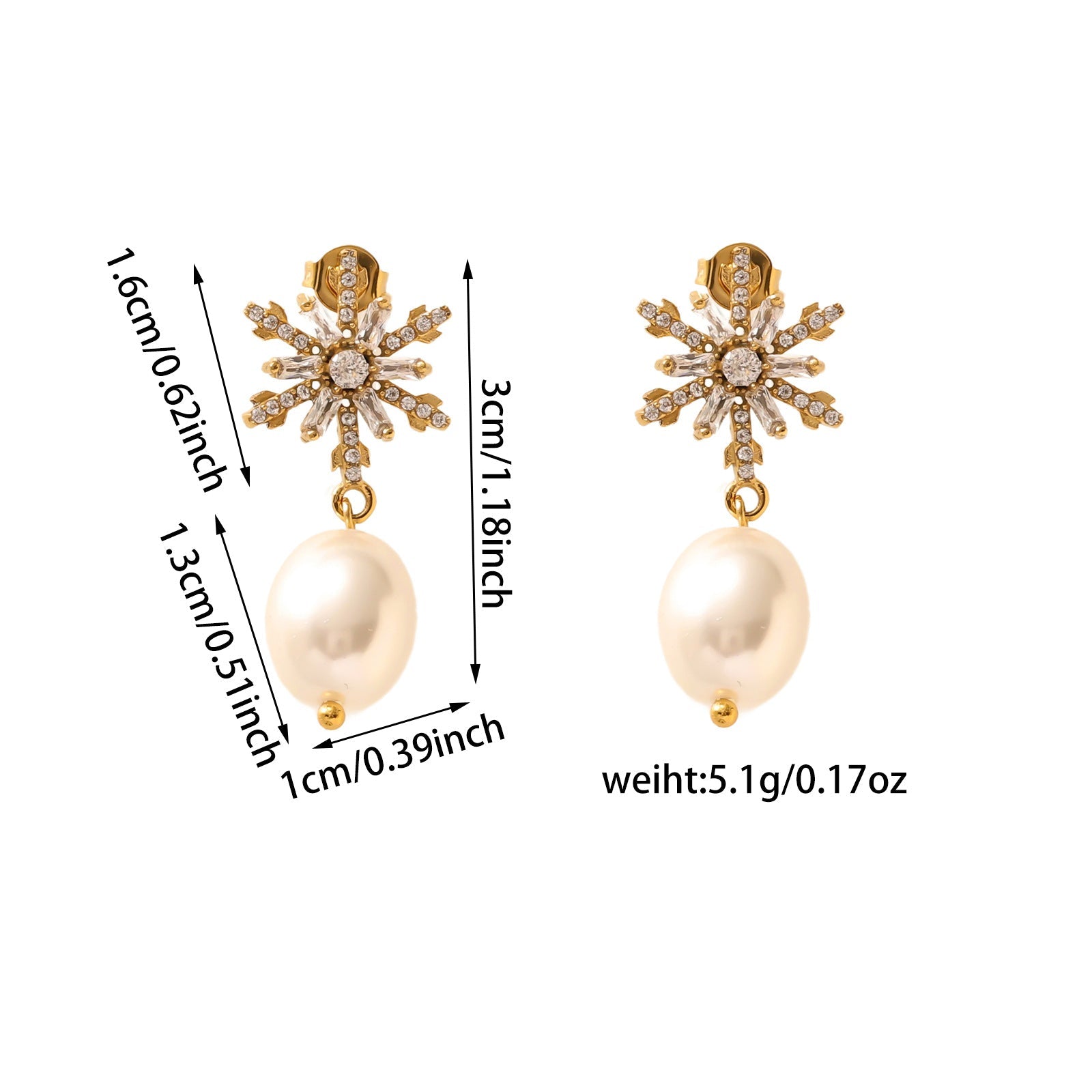 Snowflake Freshwater Pearl Earrings - 18K Gold Plated Zircon Studs - Original Design Light Luxury Winter Jewelry for Women