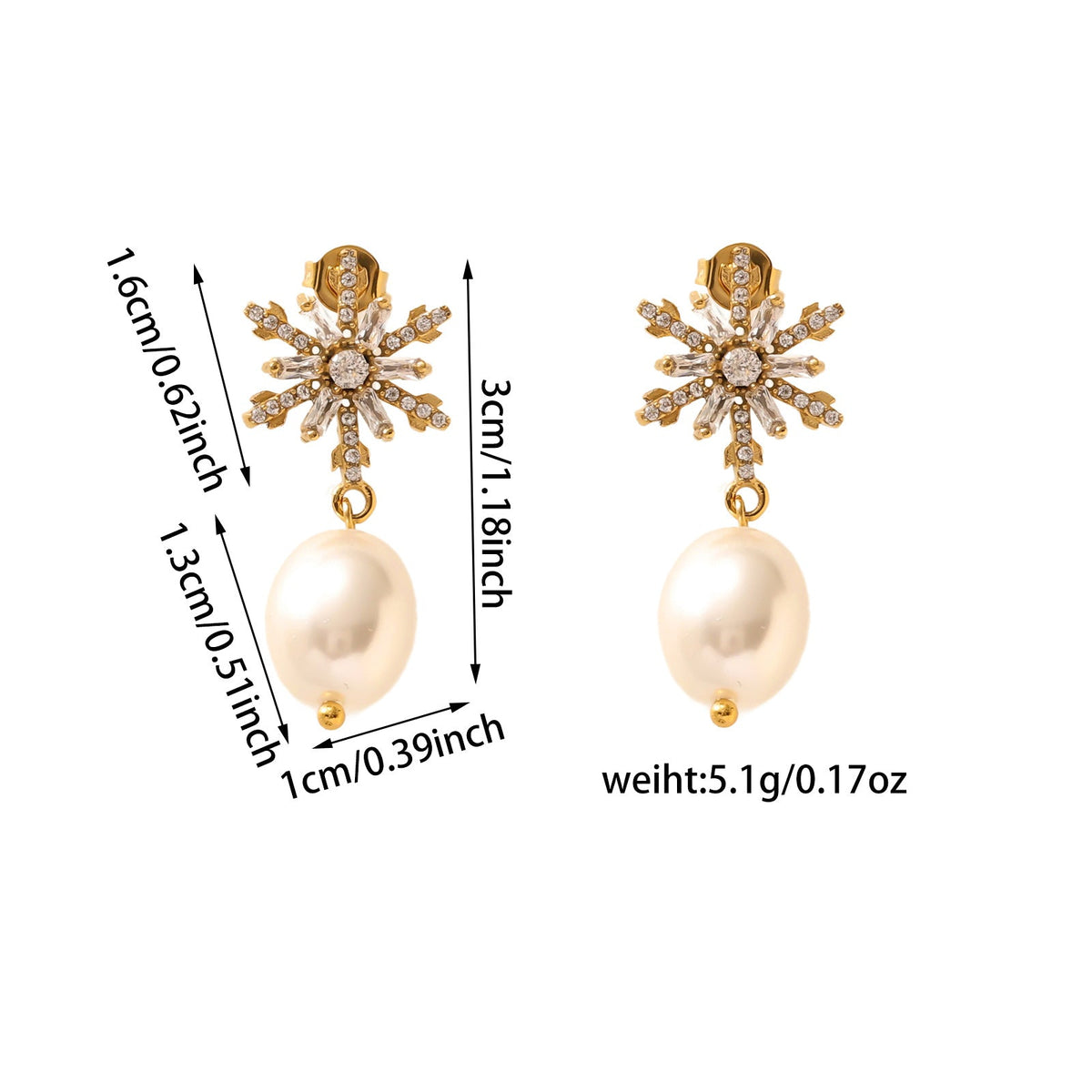 Snowflake Freshwater Pearl Earrings - 18K Gold Plated Zircon Studs - Original Design Light Luxury Winter Jewelry for Women