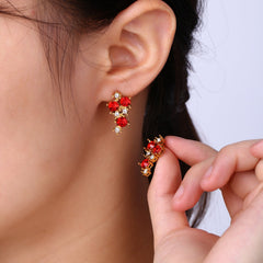 Red Cherry Earrings for Women - Niche 18K Gold Plated Titanium Steel Studs - Tarnish-Proof Hypoallergenic Light Luxury Jewelry