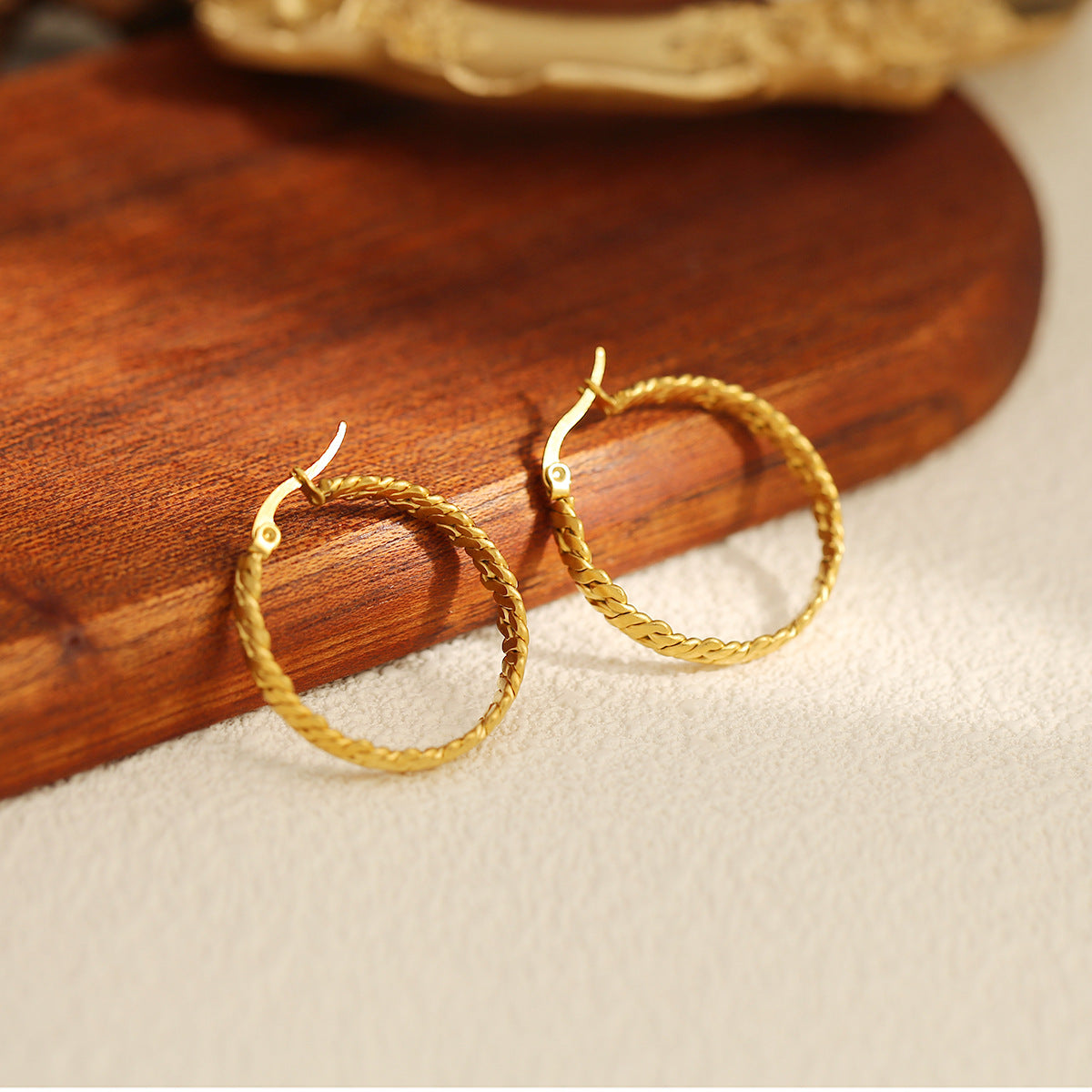 18K Gold Plated Circle Bead & Braided Hoops - Tarnish-Proof Twisted Diamond Earrings - Minimalist Stainless Steel Geometric Jewelry for Women