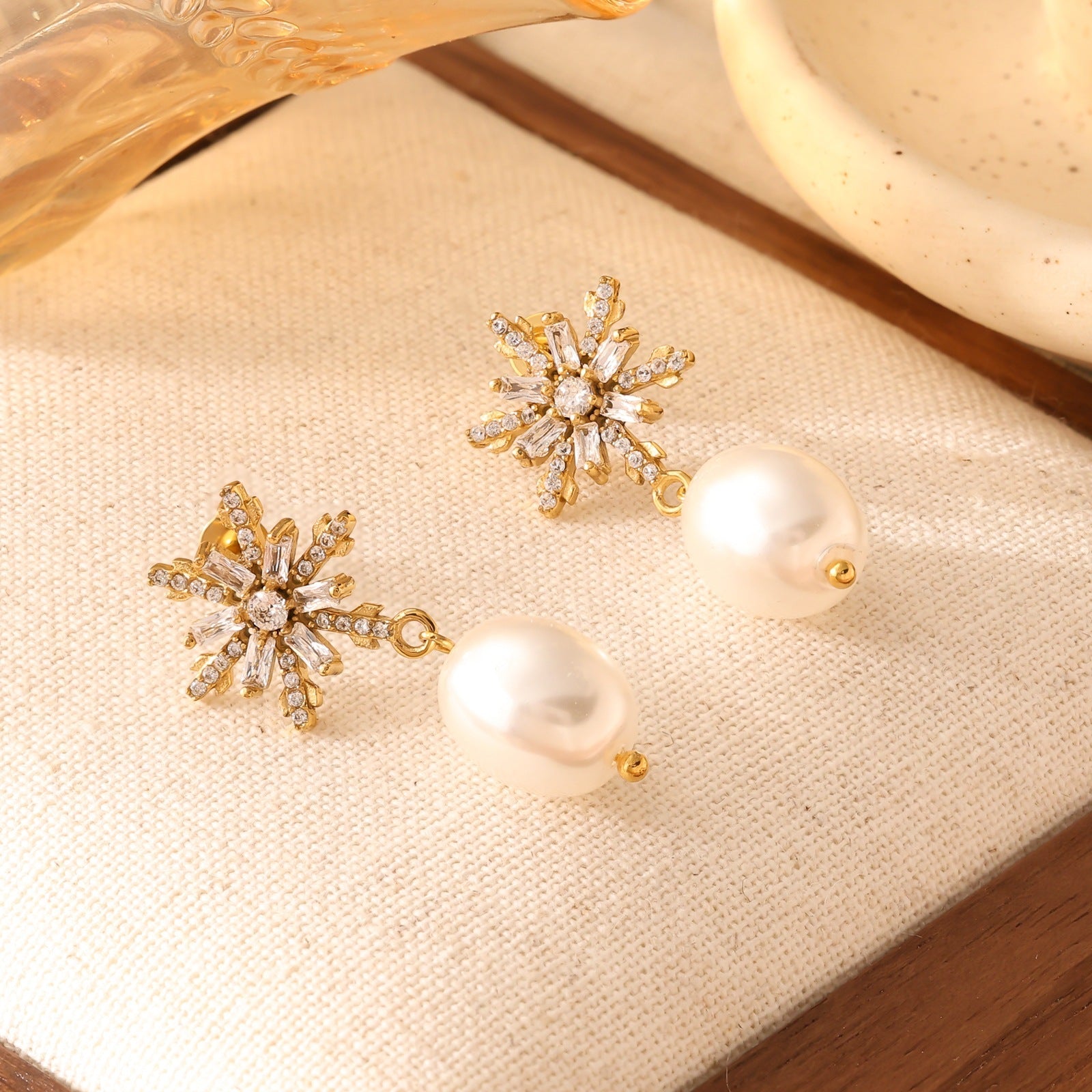Snowflake Freshwater Pearl Earrings - 18K Gold Plated Zircon Studs - Original Design Light Luxury Winter Jewelry for Women
