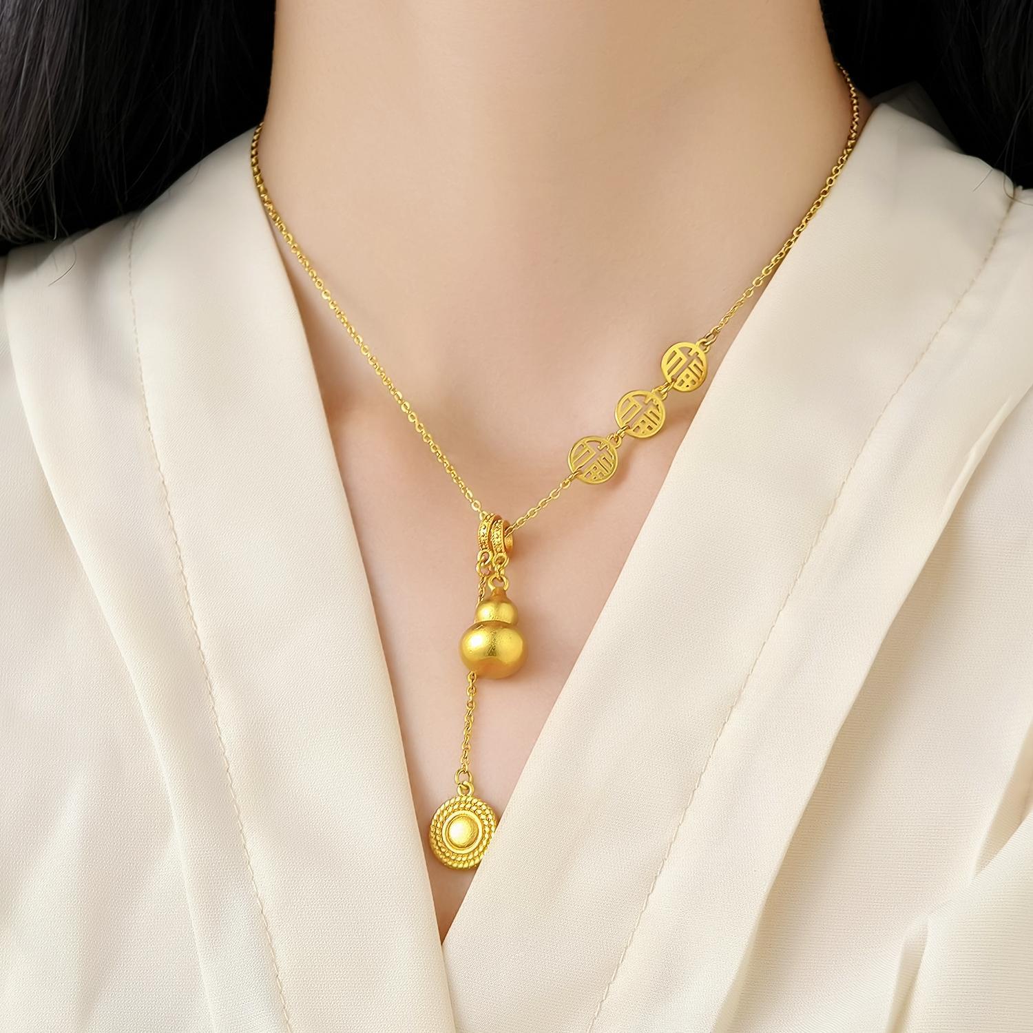 Gourd Pendant Necklace With The Word "Fu", Auspicious And Wishful, For Women, Ancient Sand Gold Tassels, Retro And Versatile, Fashionable And Elegant Clavicle Chain