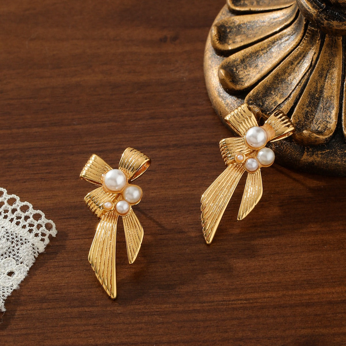 French Retro Bow Pearl Earrings - 18K Gold Plated Asymmetrical Heart & Ribbon Studs - Tarnish-Proof Titanium Steel Romantic Jewelry for Women