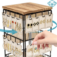 360° Rotating Walnut Jewelry Tower – Multi-Tier Wooden Earring & Ring Organizer with Hanging Hooks for Necklaces