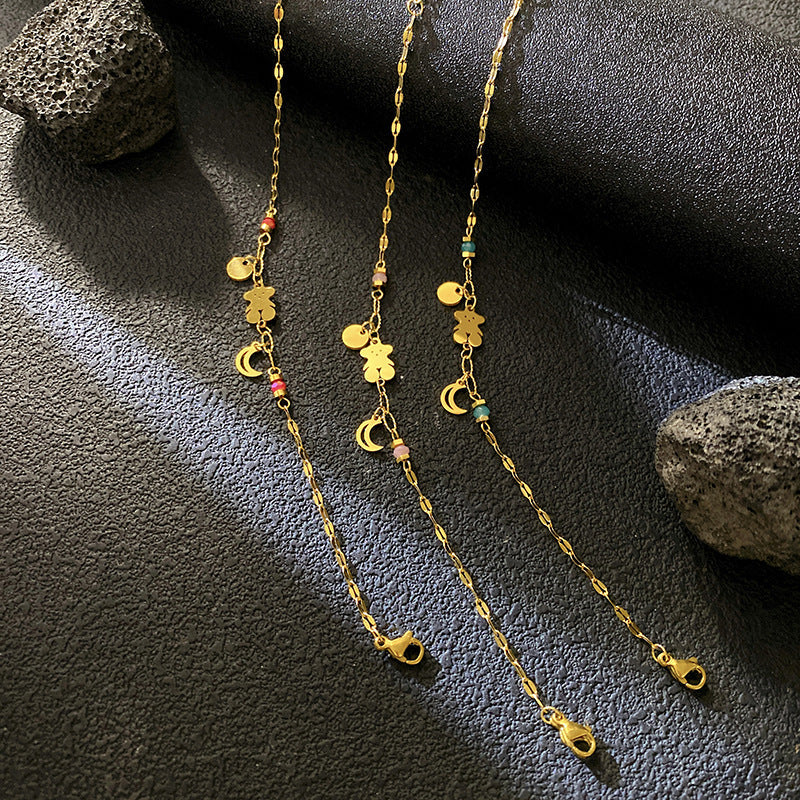 Multi-Color Bear & Crescent Moon Bracelet – 18K Gold Plated Titanium Steel, Fashionable "Sweet & Cool" Light Luxury Bracelet for Women