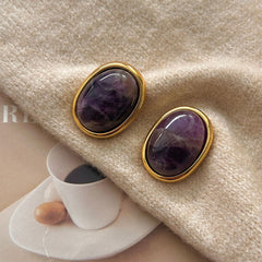 Natural Amethyst Oval Stud Earrings - S925 Sterling Silver Purple Crystal Earrings for Women