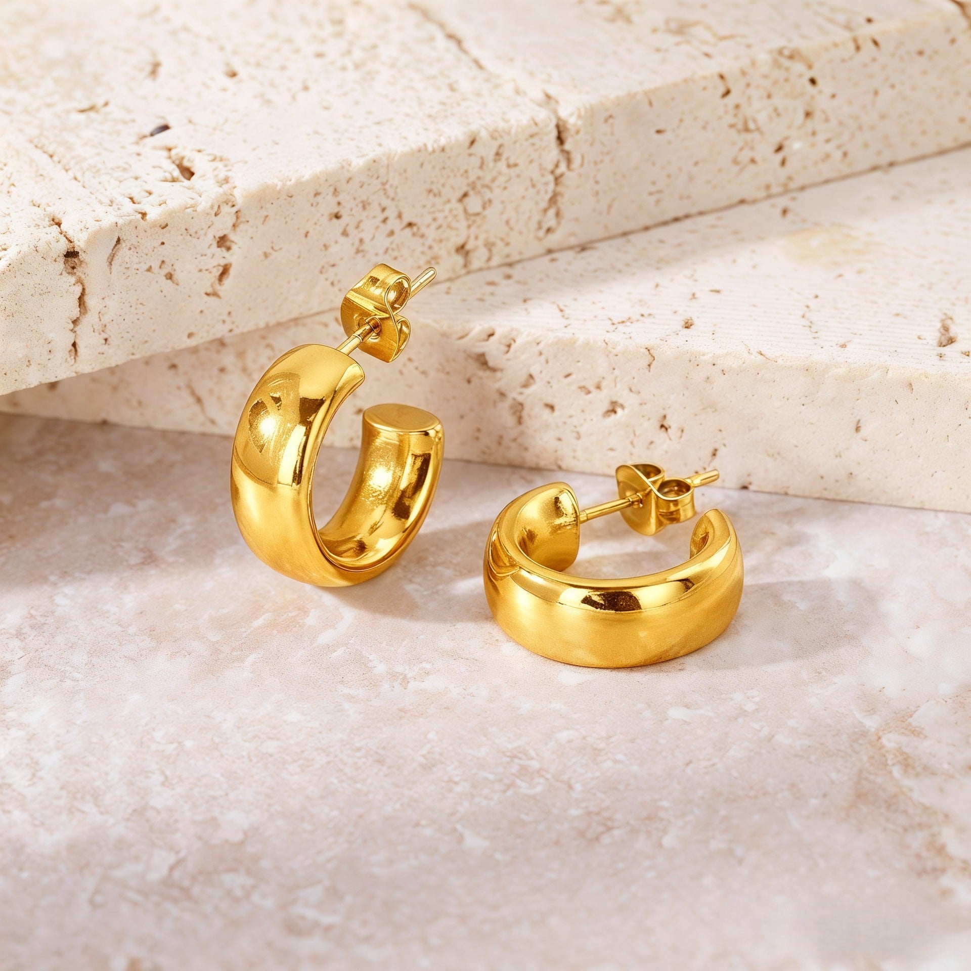 18K Gold Plated Thick Hoop Earrings - Tarnish-Free Chunky Gold Circles - Lightweight High-Polish Statement Hoops for Women