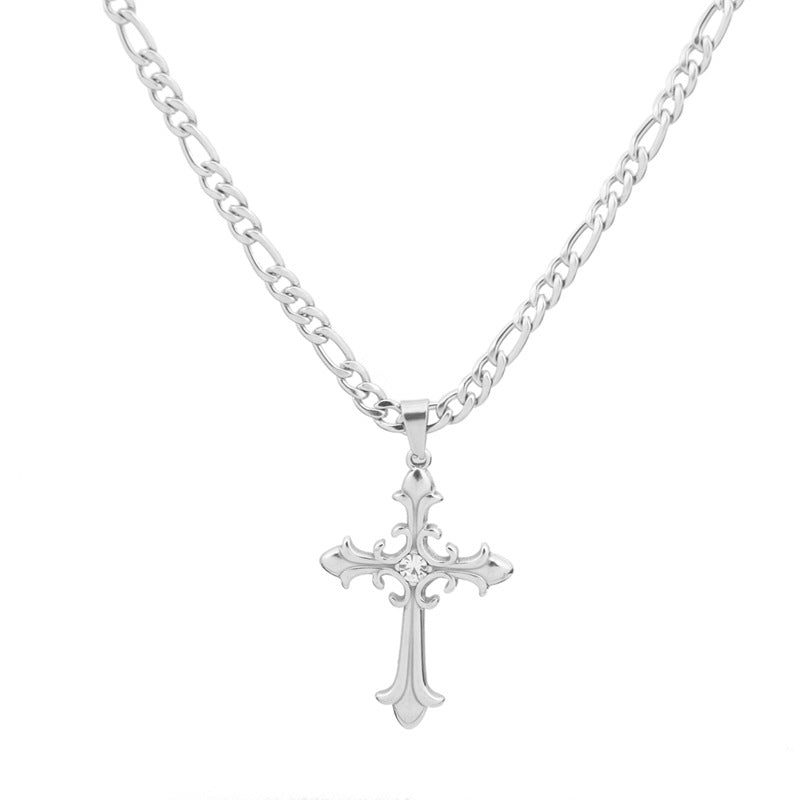 Men’s Figaro Chain Cross Necklace – 18K Gold Plated Titanium Steel Diamond-Cut Pendant, Hip-Hop Style Non-Tarnish Jewelry