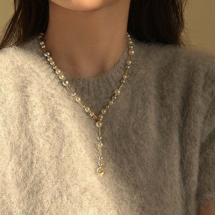 Long Pearl Y-Shaped Sweater Chain – 18K Gold Plated Layered Lariat Necklace for Autumn & Winter Fashion