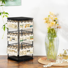 360° Rotating Walnut Jewelry Tower – Multi-Tier Wooden Earring & Ring Organizer with Hanging Hooks for Necklaces