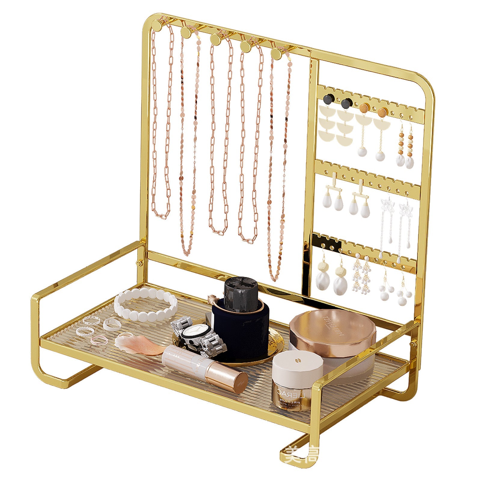 Multi-Tier Desktop Jewelry Organizer – 12.6-Inch T-Bar Necklace Stand & Bracelet Holder with Wooden Ring Tray