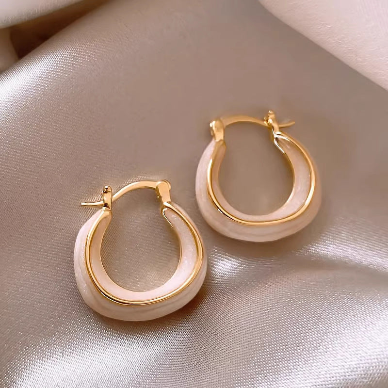 Geometric Hoop Earrings with Enamel Finish - Minimalist Glossy Gold Drop Earrings for Women