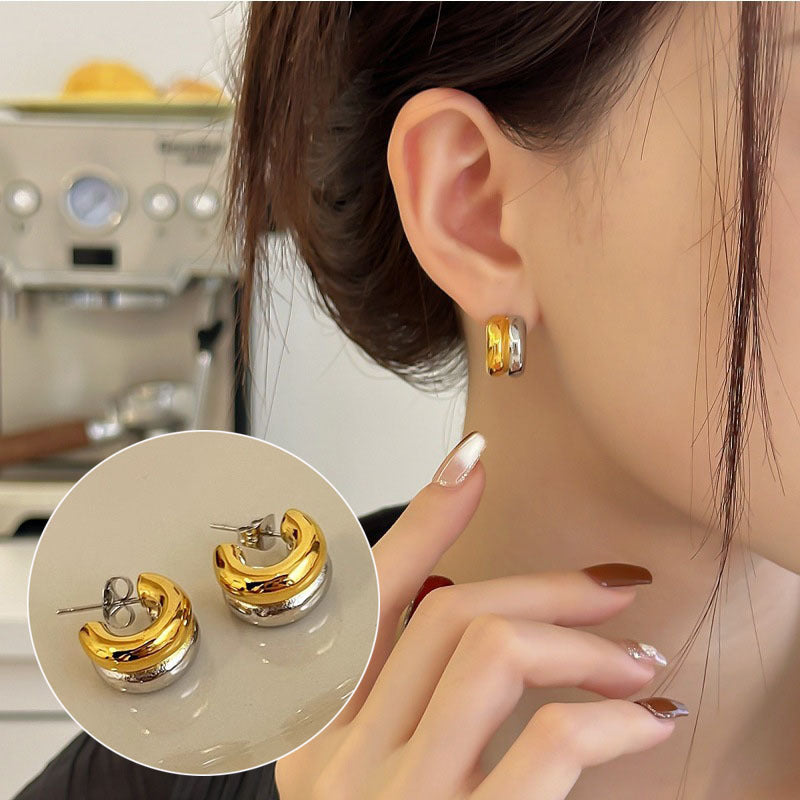 French Retro Gold Hoop Earrings - S925 Silver Needle Minimalist Thick Hoops - 18K Gold Plated Niche Design High-End Earrings for Women