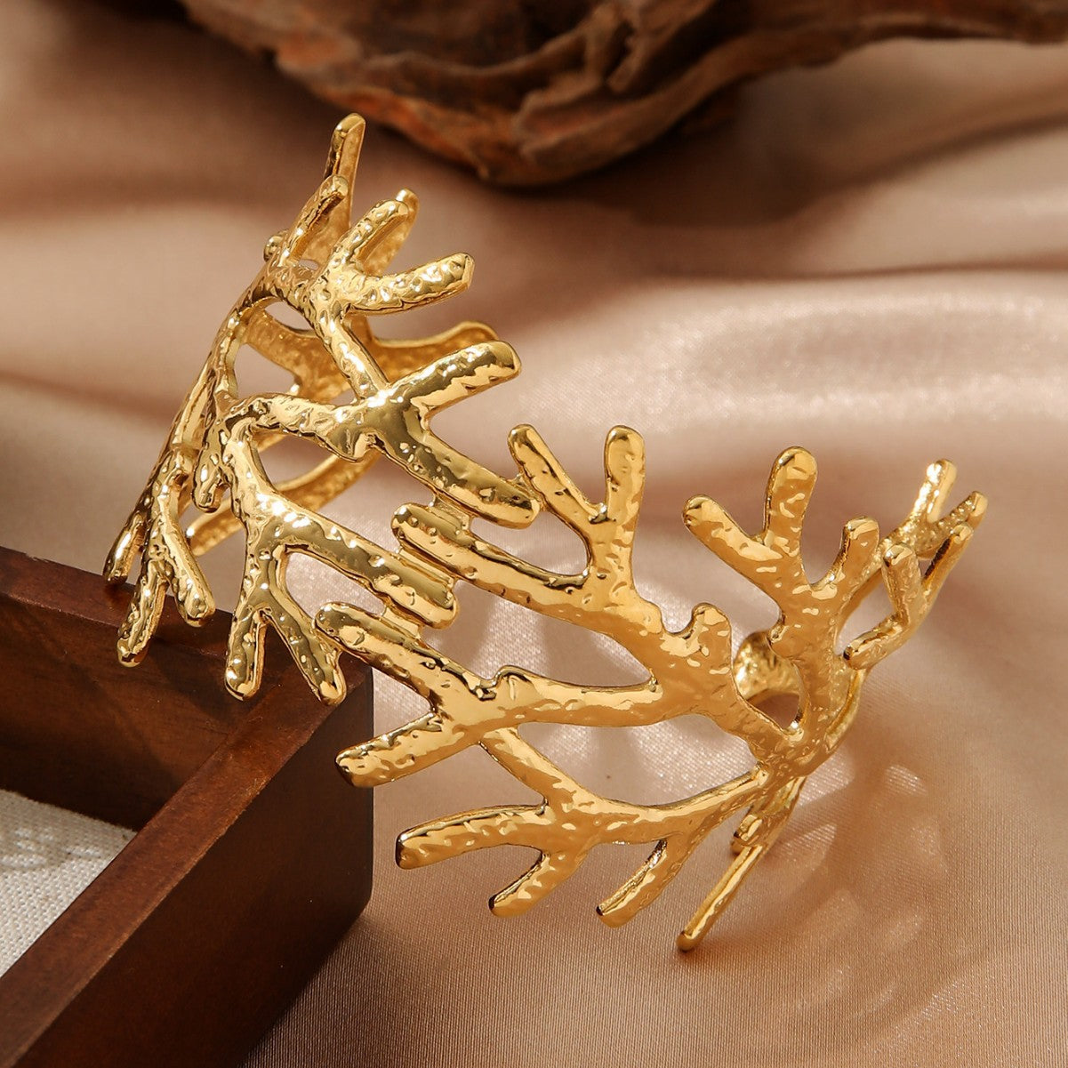 18K Gold Plated Hammered Branch Bangle - Bold Stainless Steel Textured Wide Cuff Bracelet for Women