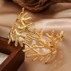 18K Gold Plated Hammered Branch Bangle - Bold Stainless Steel Textured Wide Cuff Bracelet for Women