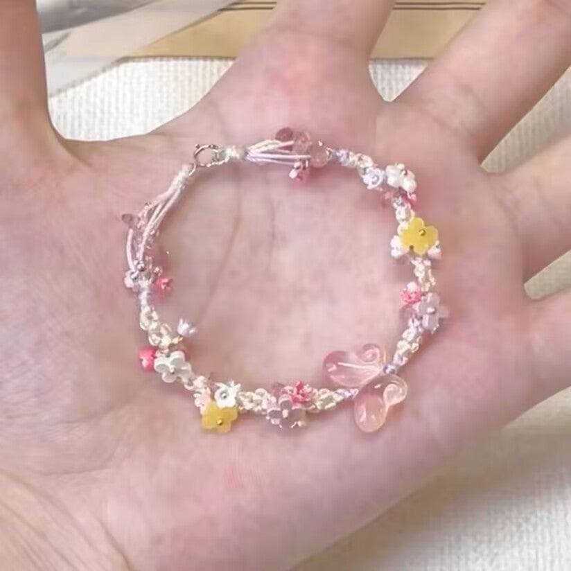 Iris Purple Butterfly String Bracelet – Hand-Woven Flower & Butterfly Charm, Sweet Niche Design High-Value Gift for Women