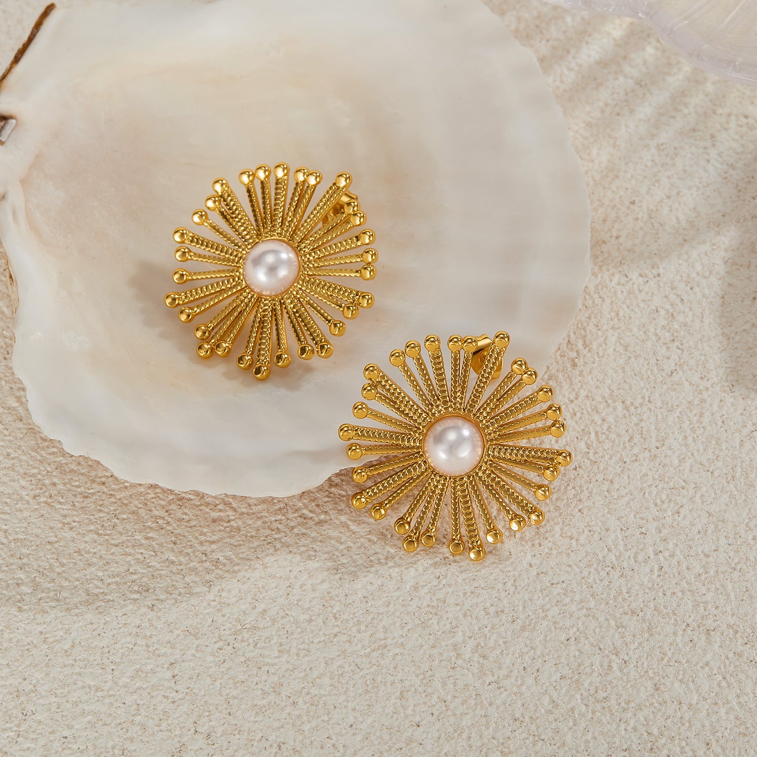Geometric Dandelion Pearl Earrings - 18K Gold Plated Stainless Steel Studs - Tarnish-Proof Internet Celebrity "Ins" Style Jewelry for Women