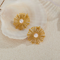 Geometric Dandelion Pearl Earrings - 18K Gold Plated Stainless Steel Studs - Tarnish-Proof Internet Celebrity "Ins" Style Jewelry for Women