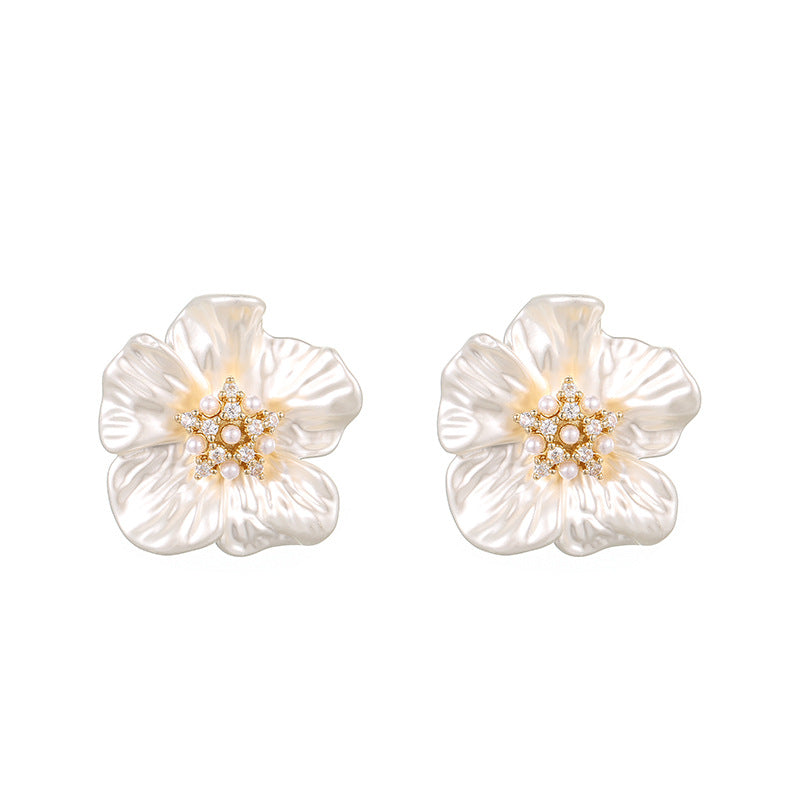 18K Gold Plated Flower Stud Earrings with Shell Pearls - Elegant Zircon Floral Dangles for Women