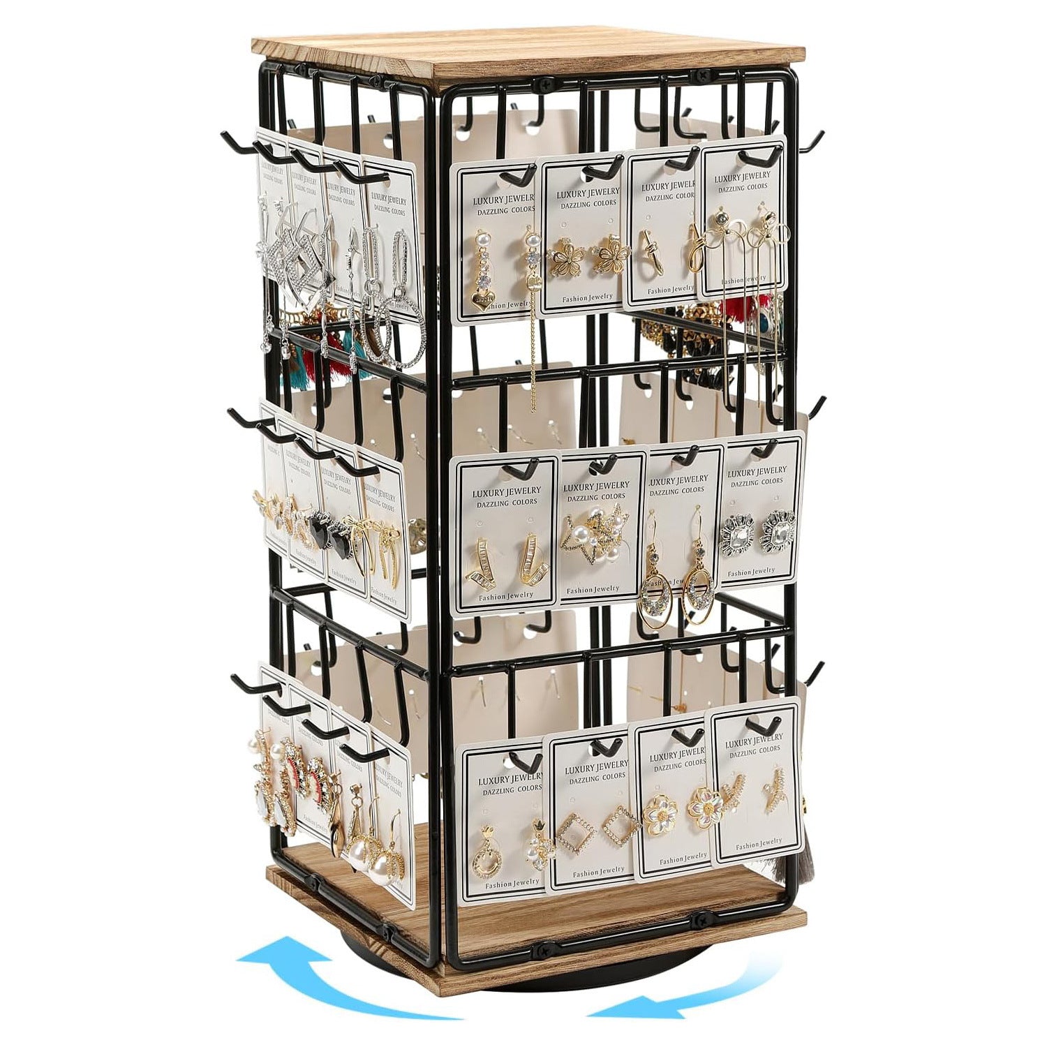 360° Rotating Walnut Jewelry Tower – Multi-Tier Wooden Earring & Ring Organizer with Hanging Hooks for Necklaces