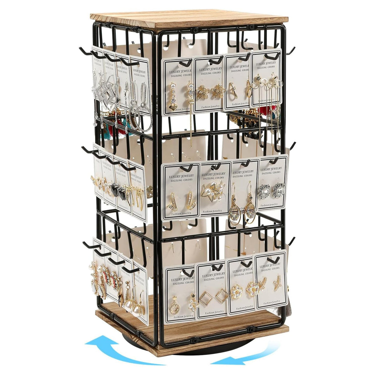 360° Rotating Walnut Jewelry Tower – Multi-Tier Wooden Earring & Ring Organizer with Hanging Hooks for Necklaces