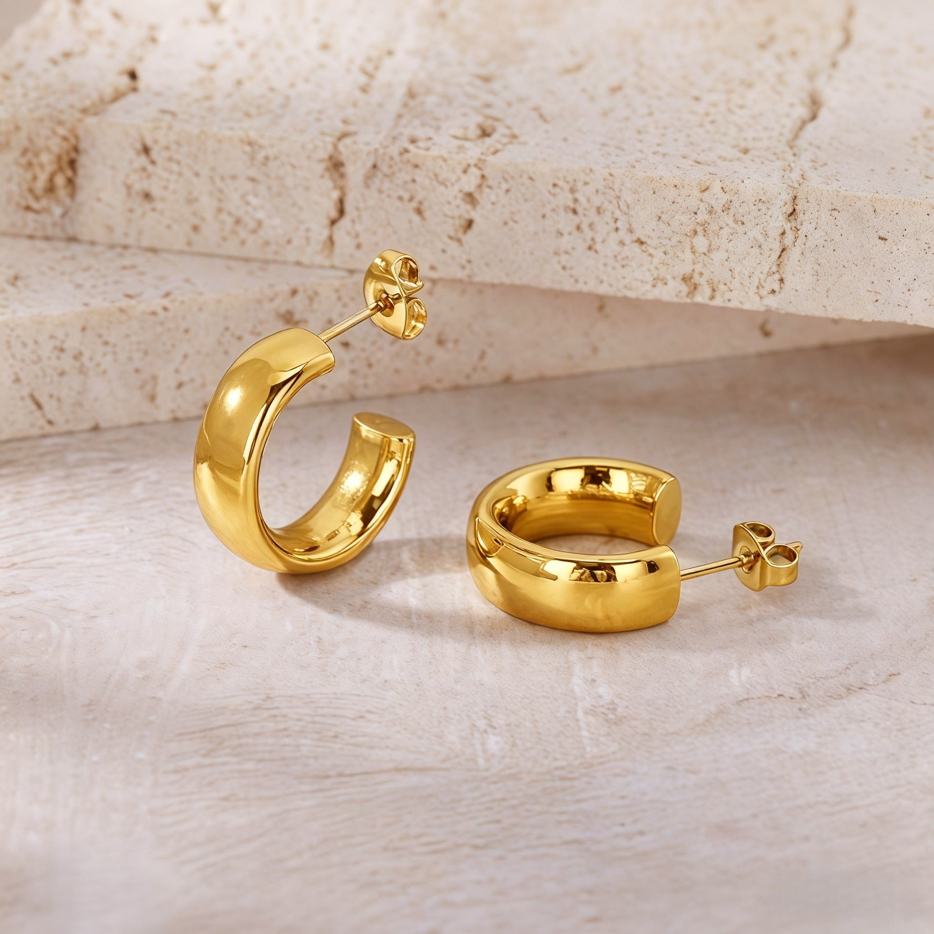 18K Gold Plated Thick Hoop Earrings - Tarnish-Free Chunky Gold Circles - Lightweight High-Polish Statement Hoops for Women