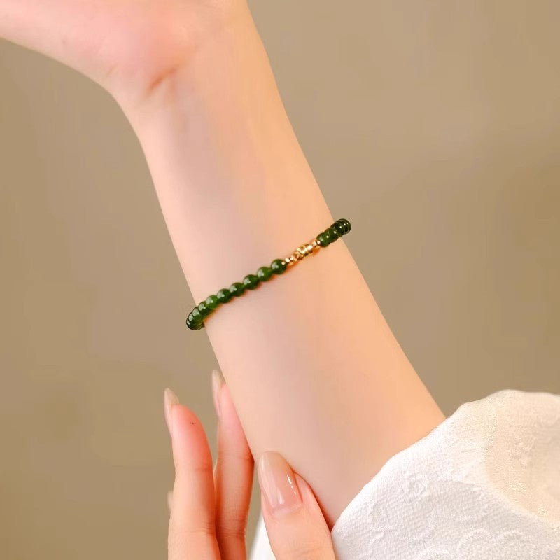 New Chinese Style Green Jasper Bracelet – 18K Gold Plated Light Luxury Green Bead Jewelry, Niche Exquisite Bracelet for Women
