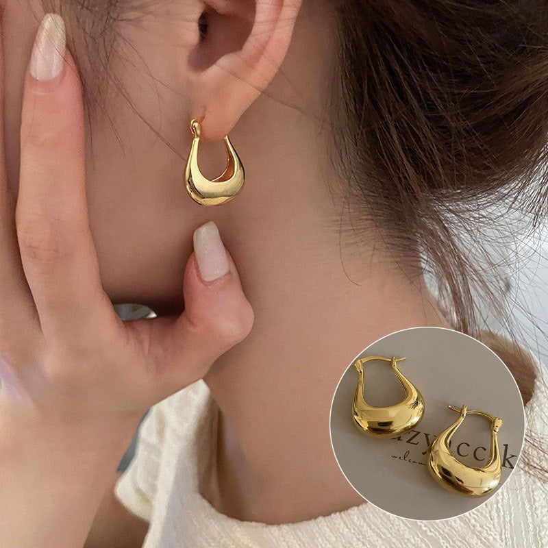 French Retro Gold Hoop Earrings - S925 Silver Needle Minimalist Thick Hoops - 18K Gold Plated Niche Design High-End Earrings for Women