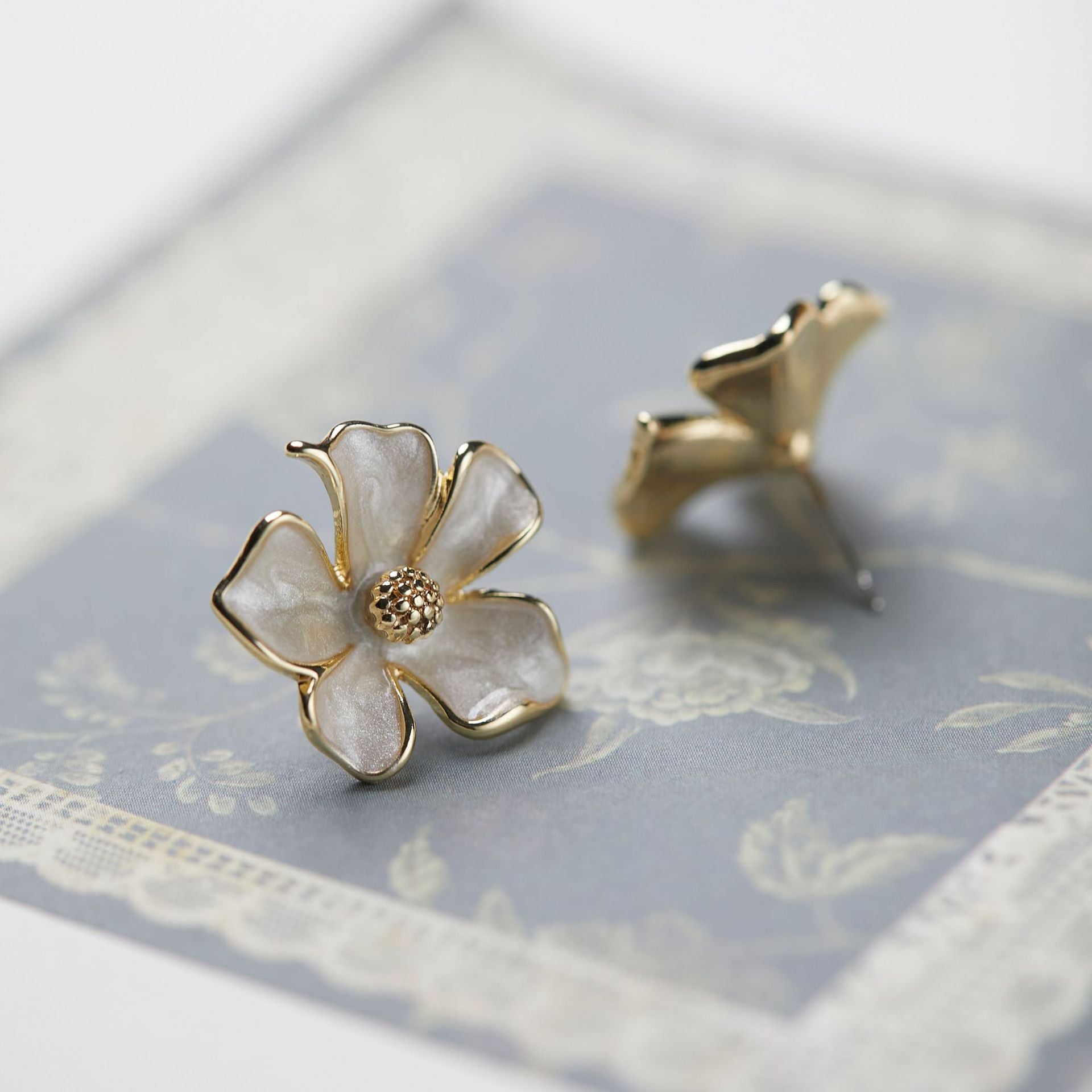 Jasmine Flower Clip-On Earrings - French Style White Enamel Floral Ear Clips for Non-Pierced Ears