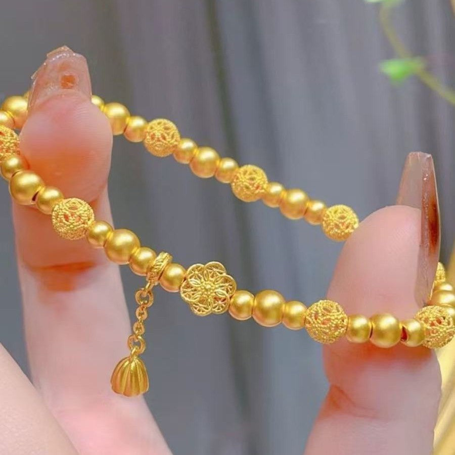 New Chinese Style Ancient Filigree Lotus Bracelet – 18K Gold Plated Hollow Lotus & Hydrangea Transfer Beads, Elegant Niche Jewelry Gift for Women