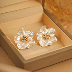 18K Gold Plated Flower Stud Earrings with Shell Pearls - Elegant Zircon Floral Dangles for Women