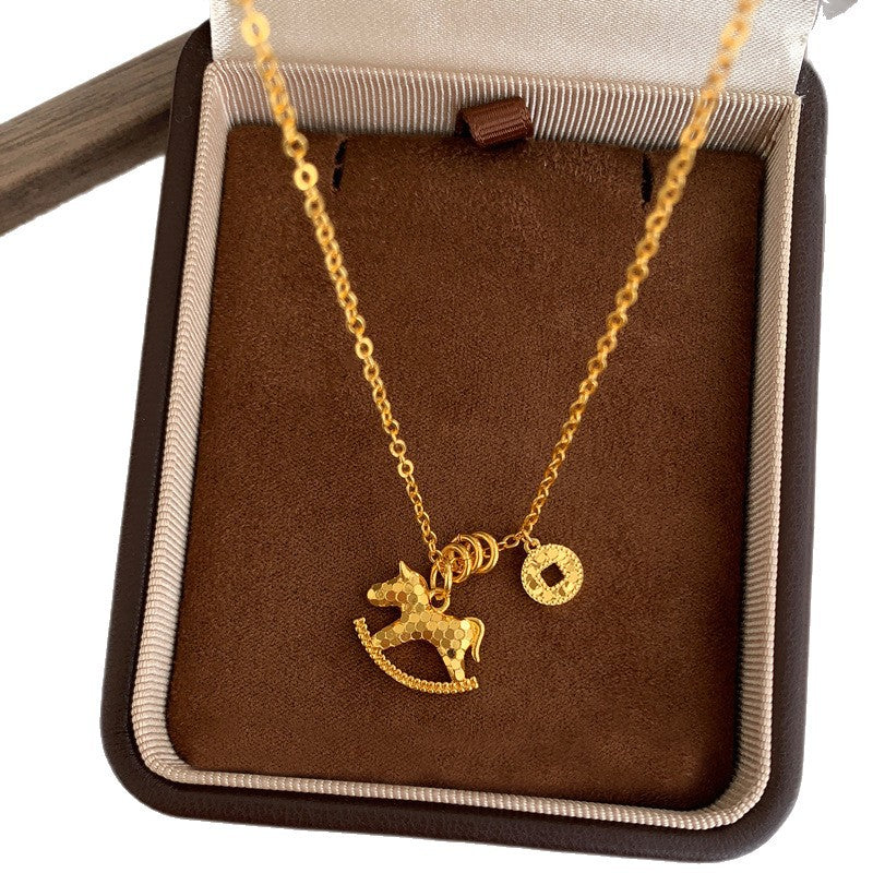 "Make Money Immediately" Lucky Pony Necklace – 18K Gold Plated "Broken Ice" Coin Pendant, High-End Light Luxury Sweater Chain for Women