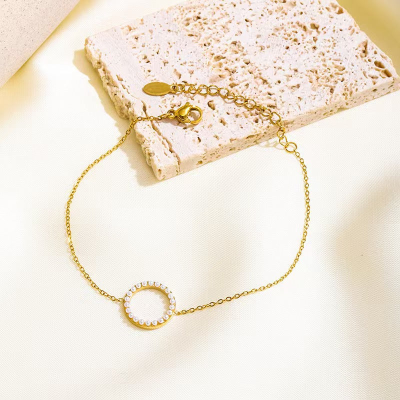 Geometric Pearl Link Bracelet – 18K Gold Plated Stainless Steel, Niche Design European & American Fashion Bracelet for Women