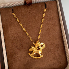 Crushed Ice Coin Trojan Horse Pendant Necklace Women'S Light Luxury Niche Clavicle Chain High-End Autumn And Winter Year Of The Horse Necklace Jewelry