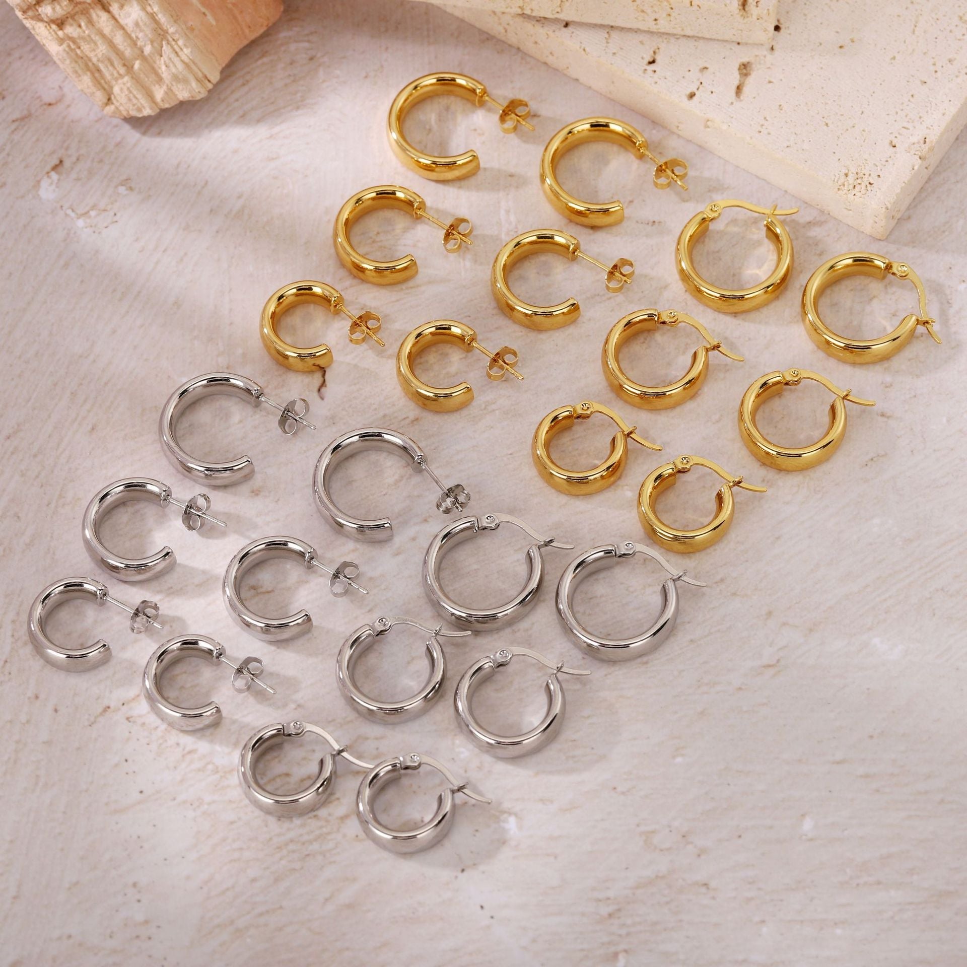 18K Gold Plated Thick Hoop Earrings - Tarnish-Free Chunky Gold Circles - Lightweight High-Polish Statement Hoops for Women